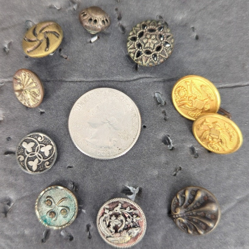 LOT O of 10 Antique Vintage Victorian Brass Mixed Materials Buttons ESTATE FIND