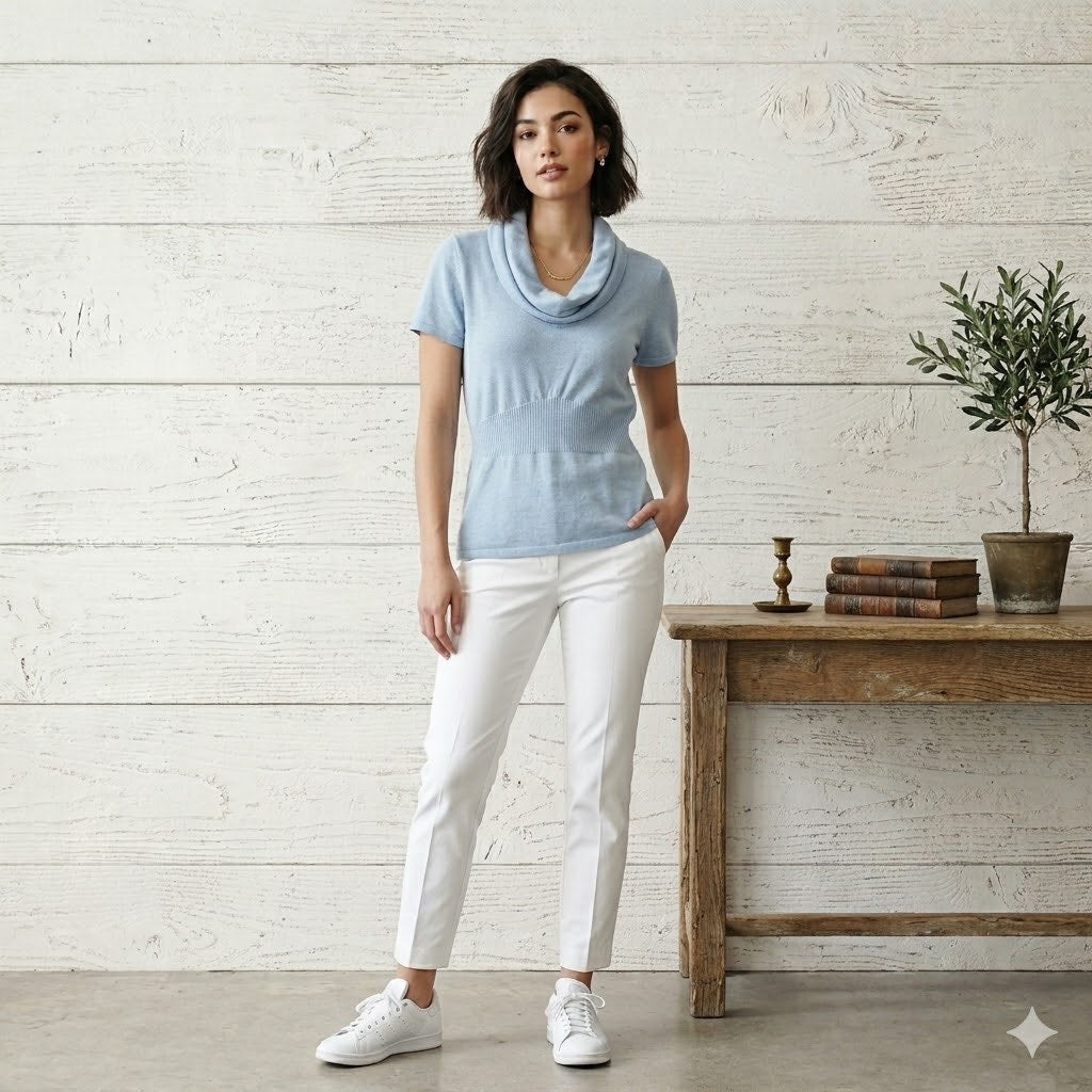 Alex Marie Powder Blue Draped Cowl Neck Short Sleeve Knit Sweater Top Y2K Office