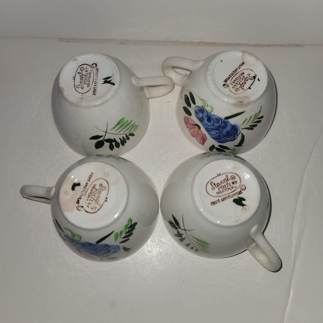 Stangl Pottery Set of 4 Cups Mug coffee tea handle fruit and flowers Brown Blue