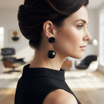 Vintage Black Rose Faceted Ball Dangle Drop Earrings Retro Gothic Chic