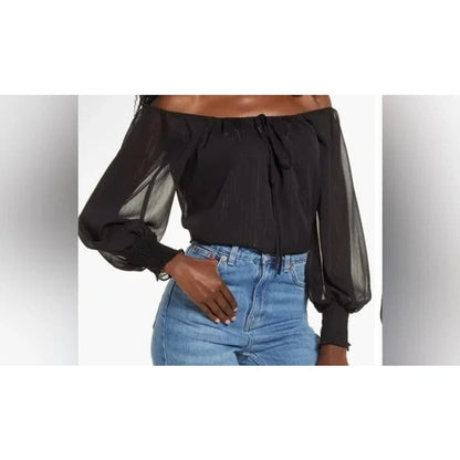 Wayf Dede & Emily Sarah Metallic Off Shoulder Top Sz XL/Extra Large in Black NWT