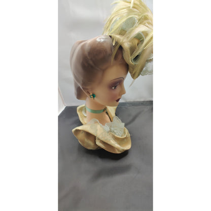 Vintage 10" Glamour Lady HeadVase Planter Fancy Hat Kitsch Ostrich FeathersRARE