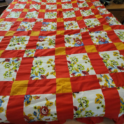 Vintage Farmhouse Red Yellow Floral Patchwork Unfinished Quilt Top 108x88 Queen
