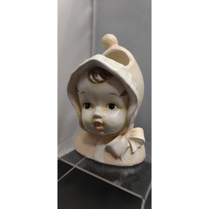 Vintage 1950s Snowbaby Head Vase Planter Bonnet Kitsch Collectible MCM