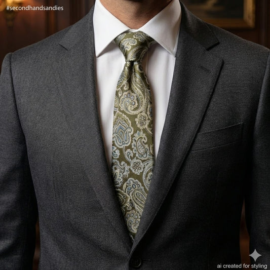 Vintage Tasso Elba Tie Olive Green Paisley Silk Hand Made Corpcore Dark Academia