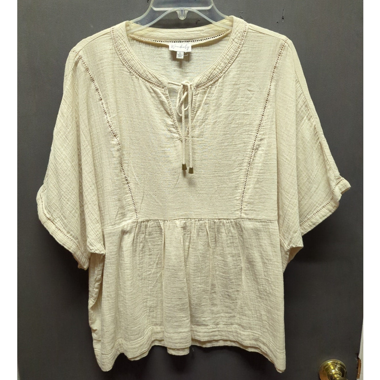 Wonderly Cream Gauze Cotton Peplum Blouse Boho Short Sleeve Top Large Casual