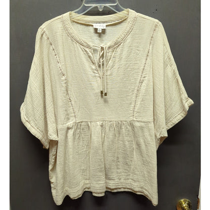 Wonderly Cream Gauze Cotton Peplum Blouse Boho Short Sleeve Top Large Casual