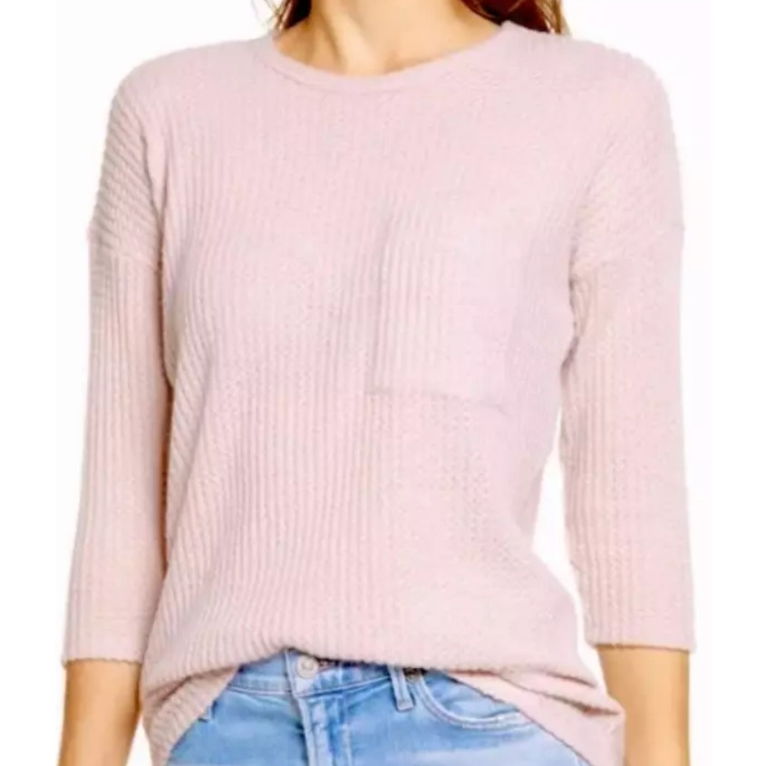 NWT Bobeau Pullover Thermal Waffle Knit Sweater Top Sz Small in Blush Pink