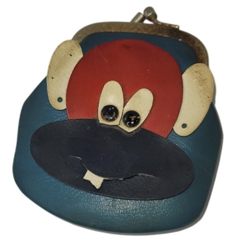 Vintage 1970s Monkey Coin purse kiss lock Blue Red White 4" money pouch