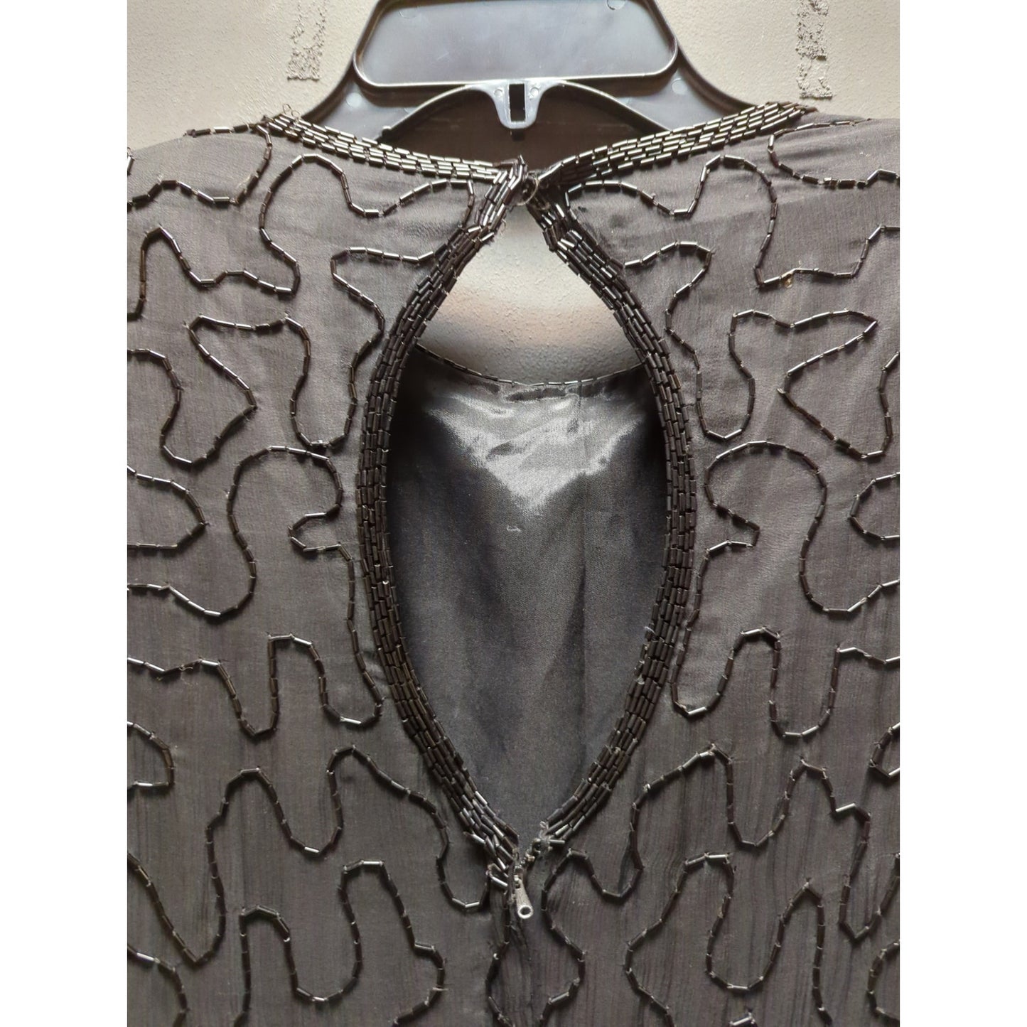 Vintage 1980 Sequin Silk Beaded cocktail Black dress green Design purple Medium