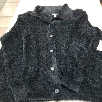 Susina Teddy Fuzzy Eyelash Front Button Cardigan Sweater Long Sleeve Black SMALL