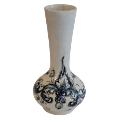 Handpainted Portugal vase blue white floral crackle underglaze 6.5"