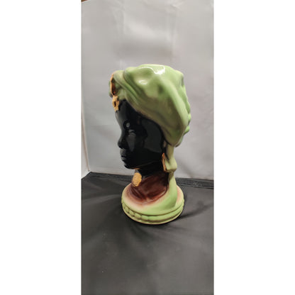 Vintage 1950s 9" Female Blackamoor African Head Vase Planter Turban Figurine