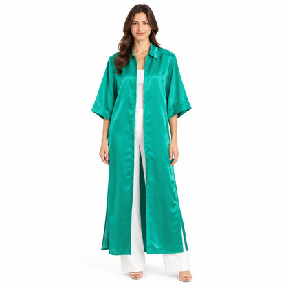 Vintage Women's Long Silken Satin Coat Duster 1950s 3/4 Sleeves Collared Neck Green