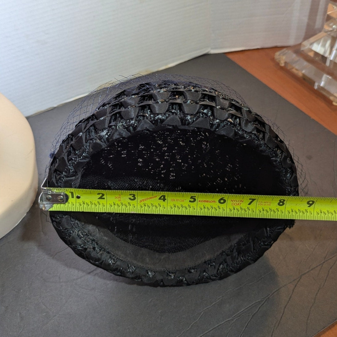 Vintage 50s Black Cellulose Woven Cloche Hat Veiled Mid-Century Mod MCM Bucket