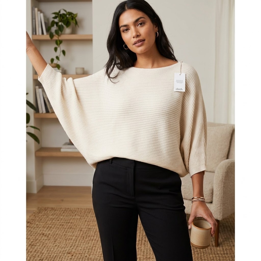 Cloth by Ed Nordstrom Rack Cream Rib Knit Poncho Sweater Casual Comfort Medium