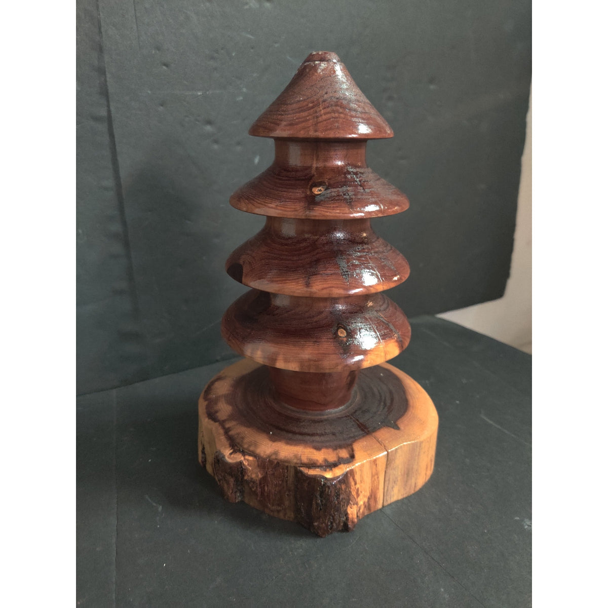 Vintage Handcrafted Wooden Christmas Tree Folk Art Live Edge Base