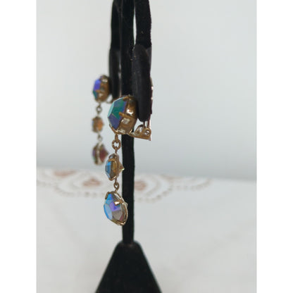 Vintage Aurora Borealis Crystal Drop Clip-On Earrings Retro Glamour