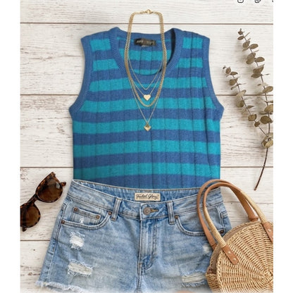 Jamie Scott knit Large Blue Teal striped Sleeveless Sweater top preppy 90s Mod