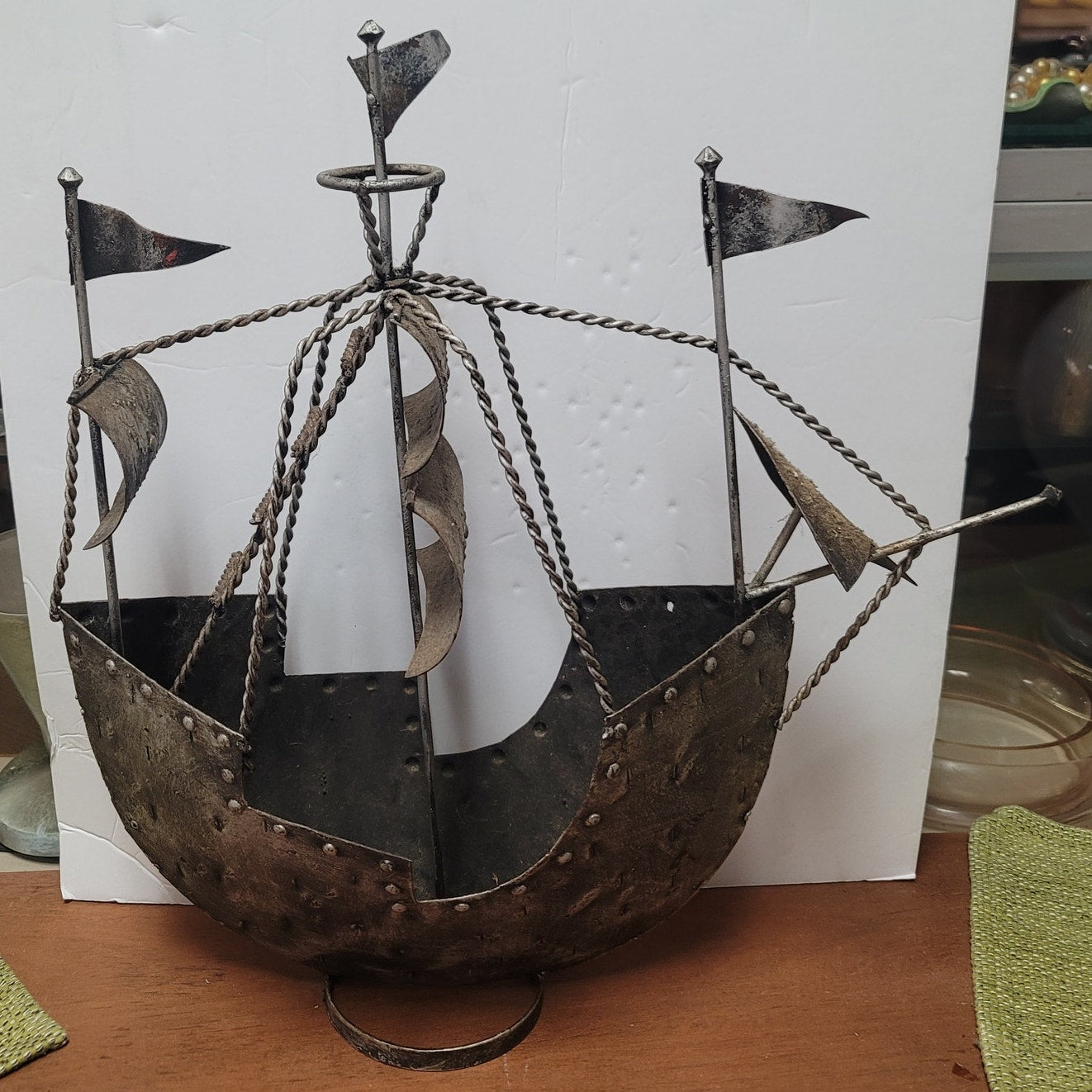 Vintage LARGE metal pirate ship Galleon home decor boat Mariner Schooner
