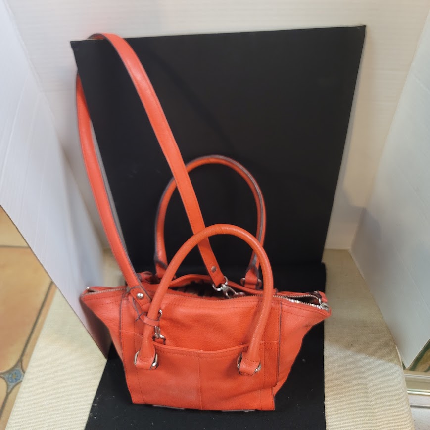 Tignanello Vibrant Orange Pebbled Leather Satchel Crossbody Bag Top Handle
