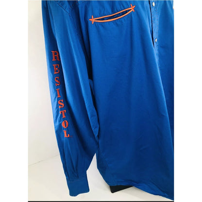 Resistol MEN XL Western Cotton Blue Orange Long Sleeve Cowboy Shirt Pearl snaps