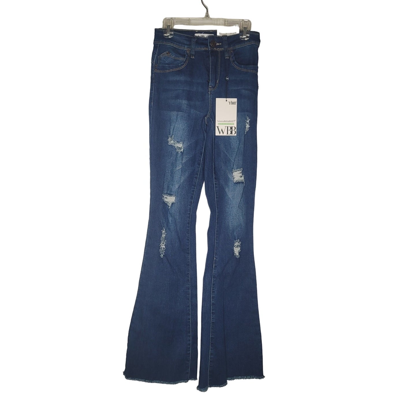 WBB Wanna Better Butt Blue Jean Flared Bell Size 1/25 Raw Hem Destroyed Long NEW
