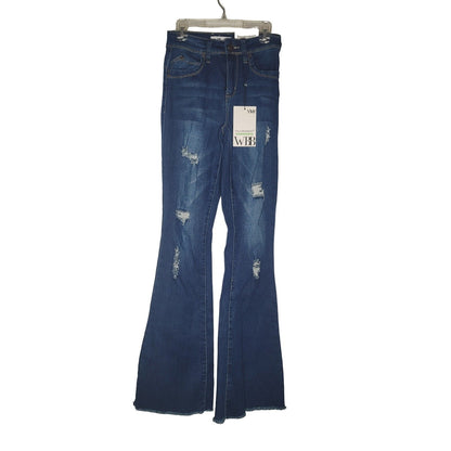 WBB Wanna Better Butt Blue Jean Flared Bell Size 1/25 Raw Hem Destroyed Long NEW