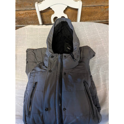 Lucky Brand Long Quilted Winter Parka Coat Drawstring Hood Gunmetal SZ Small