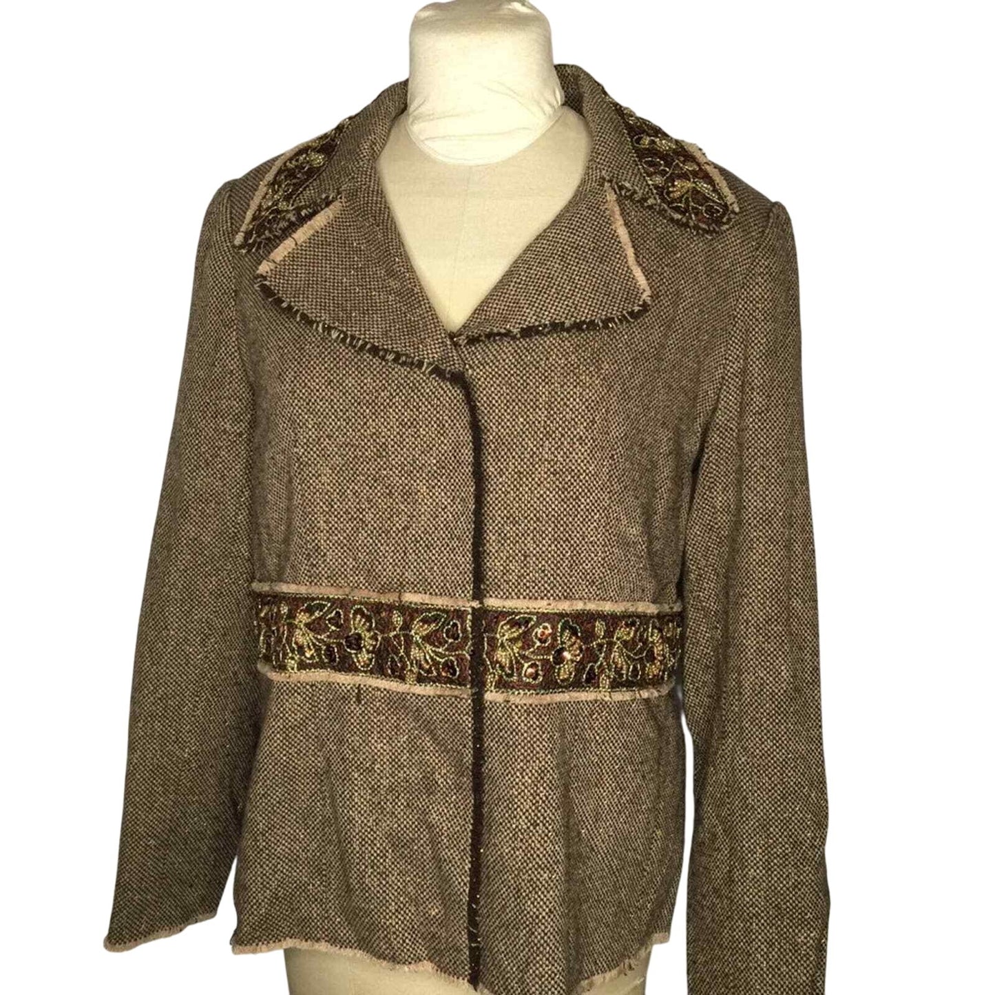 Parisian Raw edge jeweled blazer 16 Tan Bronze Vintage Collar Long Sleeve Casual
