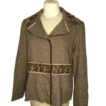 Parisian Raw edge jeweled blazer 16 Tan Bronze Vintage Collar Long Sleeve Casual