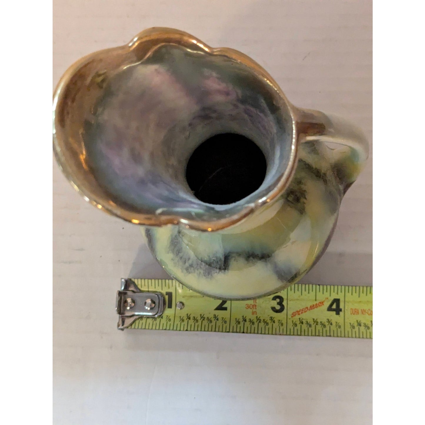 Vintage Art Deco Majolica Pitcher Ewer Vase Yellow Brown Drip Glaze 7"