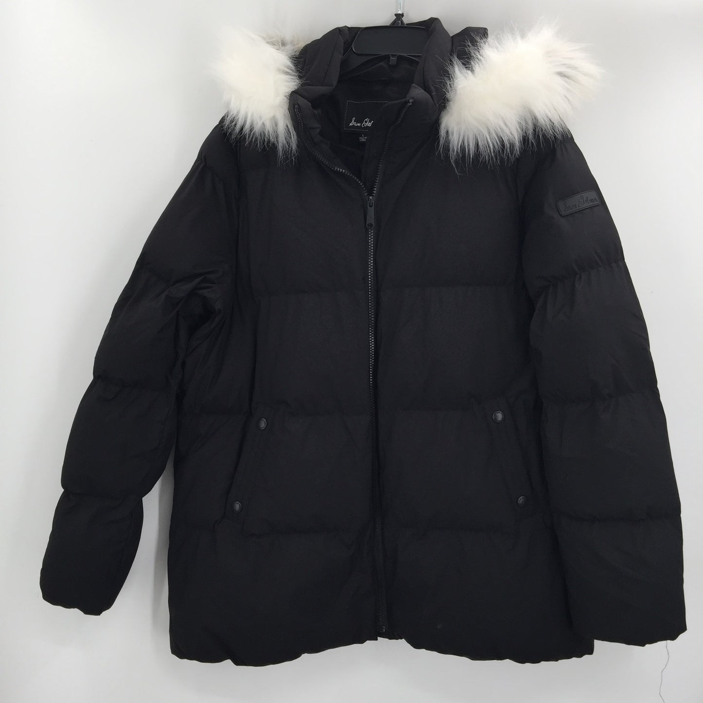 Sam Edelman Faux Fur Trim Hooded Puffer Coat Jacket Long Sleeve Black MEDIUM