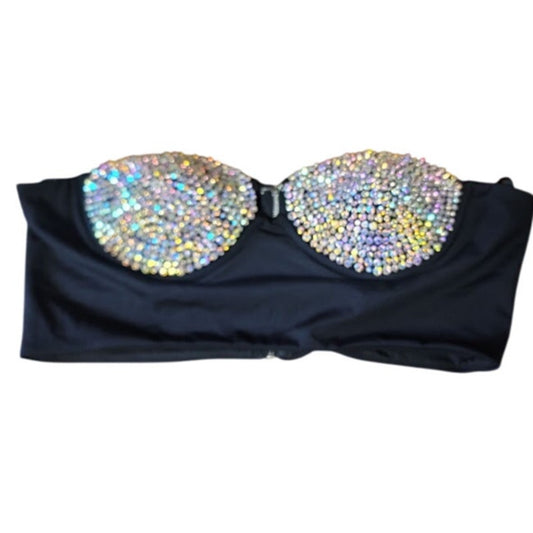 Black Rhinestones strapless Bustier Size XL Fashion Nova Rough Shine back zip