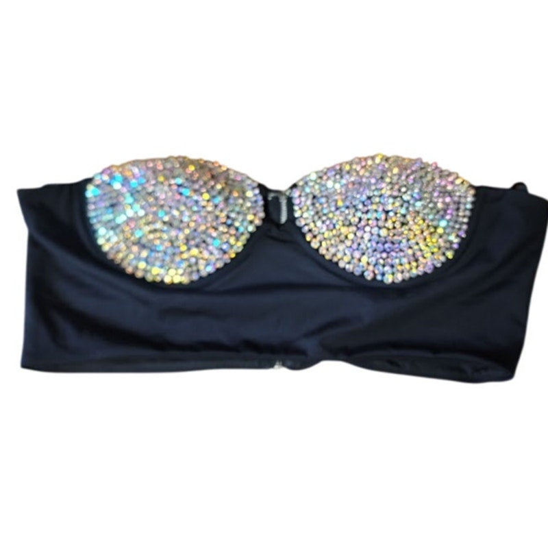 Black Rhinestones strapless Bustier Size XL Fashion Nova Rough Shine back zip