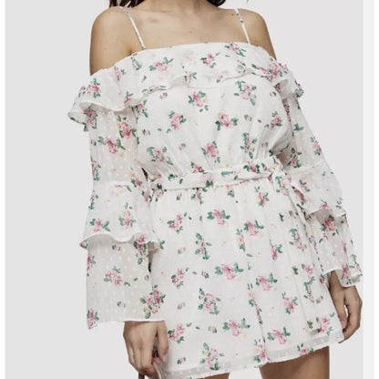 Topshop White Pink Floral Rose Bardot Off Shoulder Shorts Romper SZ. 4 SMALL NEW