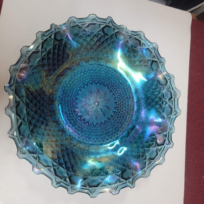 Vintage Iridescent Rainbow Diamond Point Carnival Glass Blue Ruffle 10 ½” Bowl