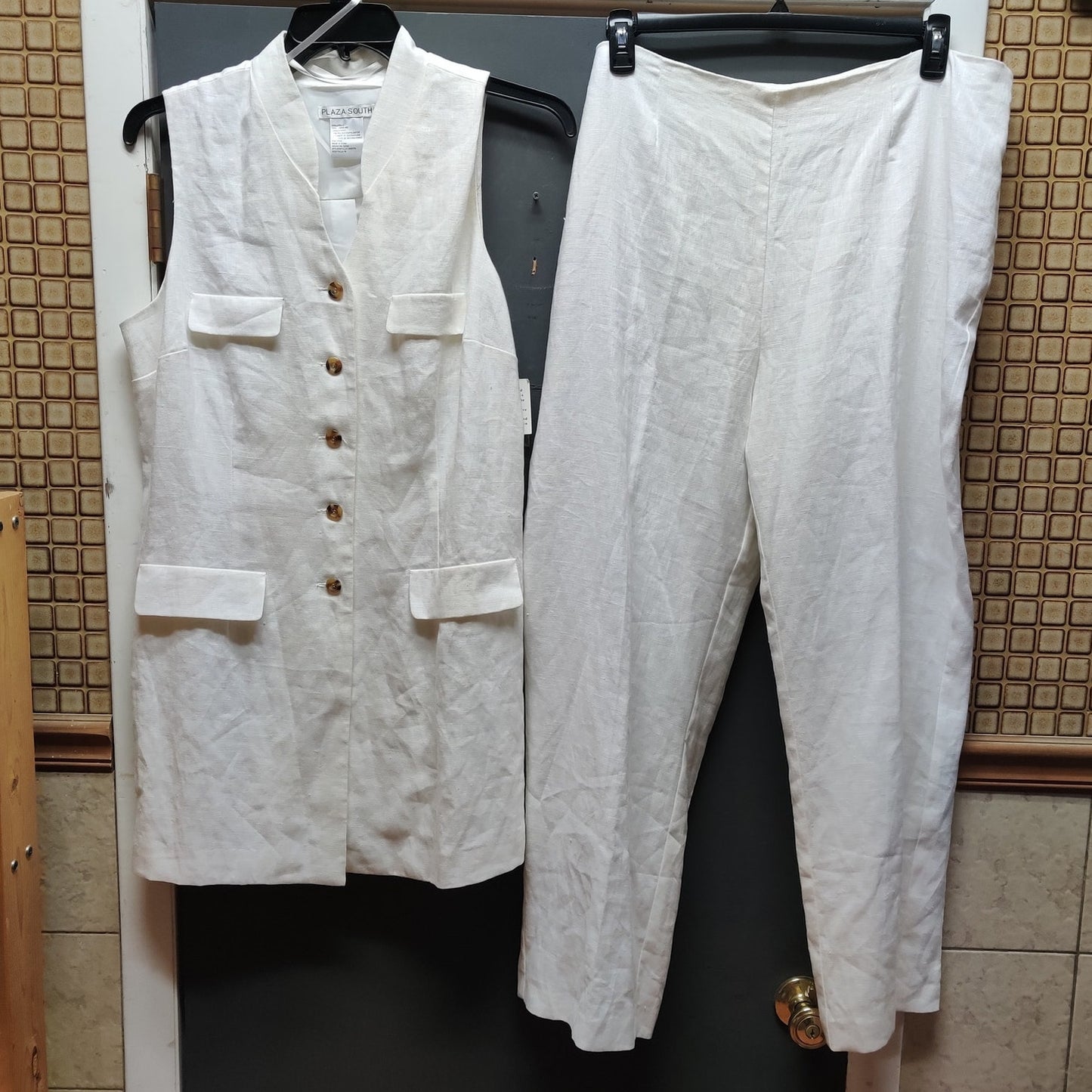 Plaza South White 100% Linen 2-Piece Vest Tunic and Pants Set NWT Size 18