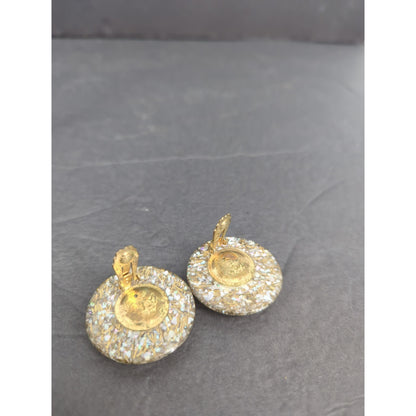 Vintage Clear Lucite Gold Speckle Confetti Dome Button Clip On Earrings Retro