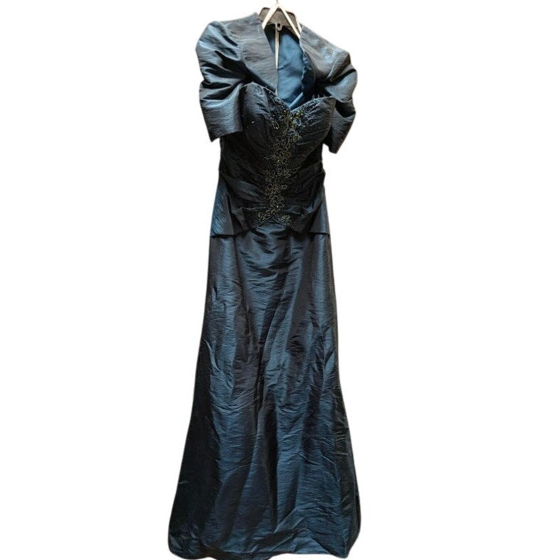 Jean De Lys Size 8 Womens Formal Dress with jacket Maxi Blue Taffeta Iridescent