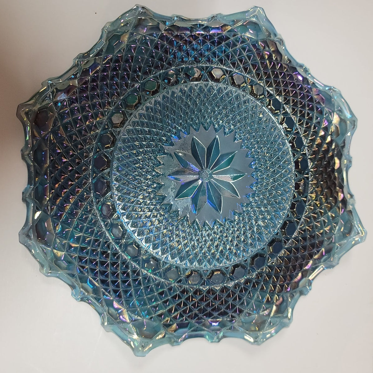Vintage Iridescent Rainbow Diamond Point Carnival Glass Blue Ruffle 10 ½” Bowl