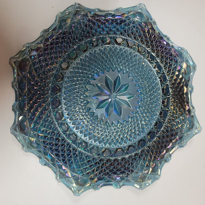 Vintage Iridescent Rainbow Diamond Point Carnival Glass Blue Ruffle 10 ½” Bowl
