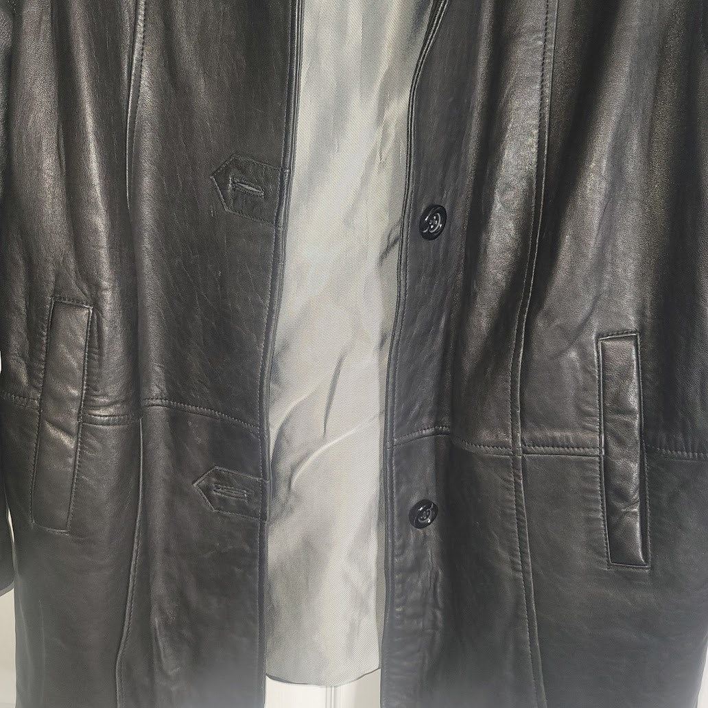 Vintage Gallery Black Leather Coat Jacket Large Lined Pockets SOFT button front