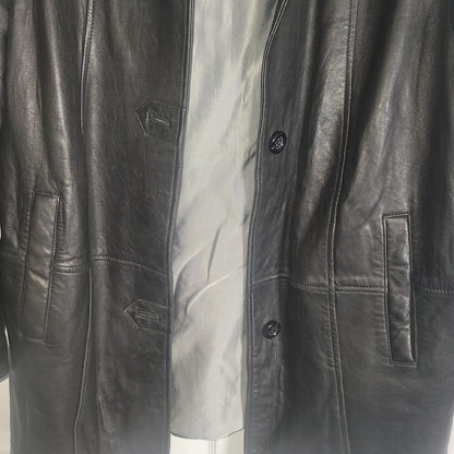 Vintage Gallery Black Leather Coat Jacket Large Lined Pockets SOFT button front