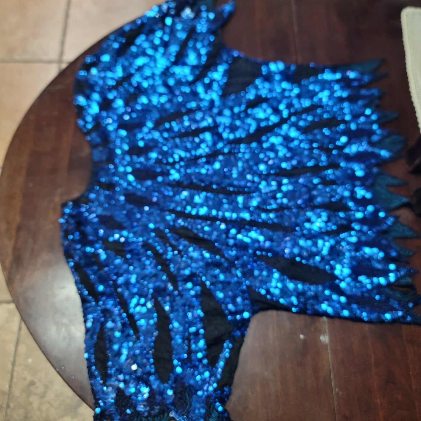 Vintage SILK blue sequin formal womens top jagged hem 80s M/L Handstitched