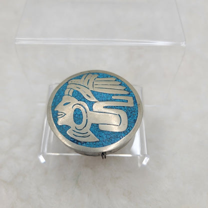 Vintage Alpaca Mexico Turquoise Mosaic Inlay Trinket Box Aztec Warrior Folk Art