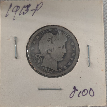 1913 Barber Silver Quarter - Scarce Low Mintage Vintage US Coin - Good Condition