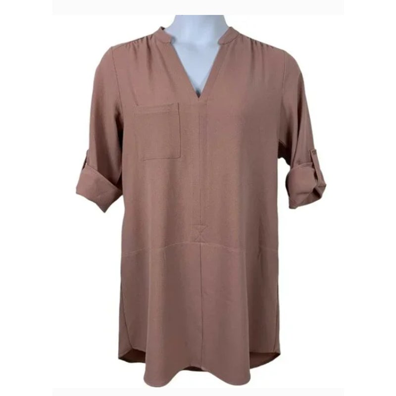 Lush Size large Tunic Roll Tab Sleeves High Low Dusty Rose Pink Womens NEW