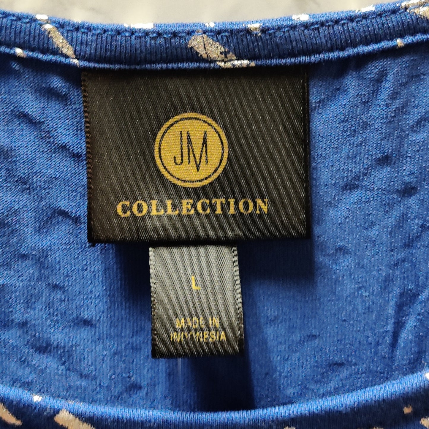 JM Collection Royal Blue Gold Metallic Print Top Short Sleeve Casual New