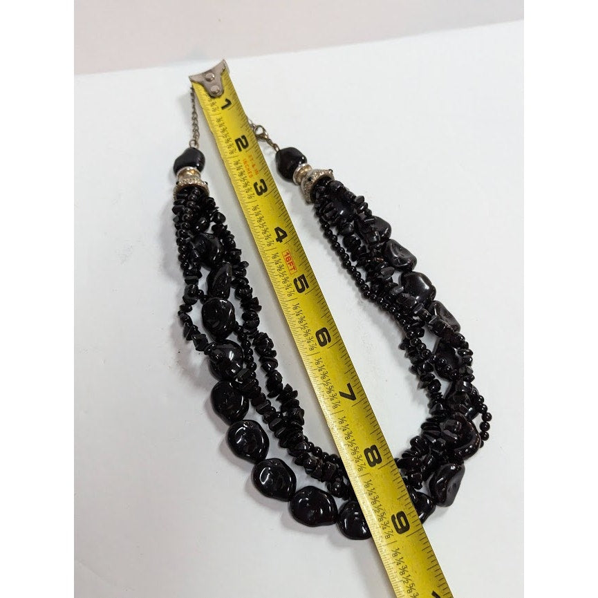 17" Vintage Black Beads Gothic Multi Strand Necklace freeform